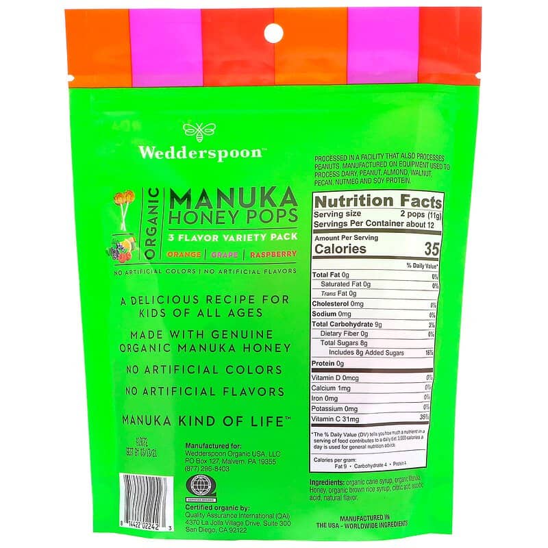 image for Wedderspoon Organic Manuka Honey Pops 3 Flavor Variety Pack 24 Count 4.15 oz