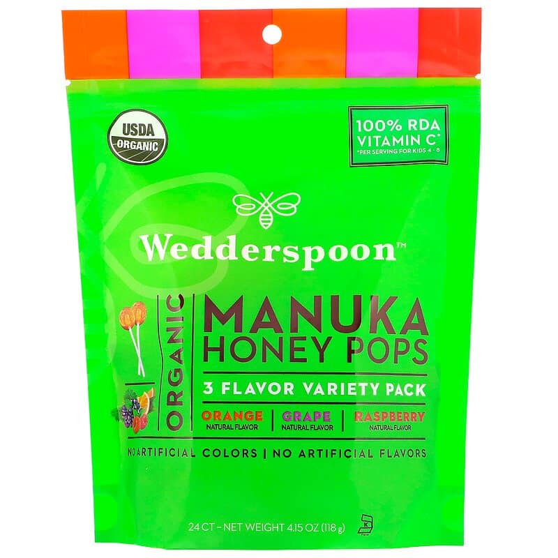 image for Wedderspoon Organic Manuka Honey Pops 3 Flavor Variety Pack 24 Count 4.15 oz