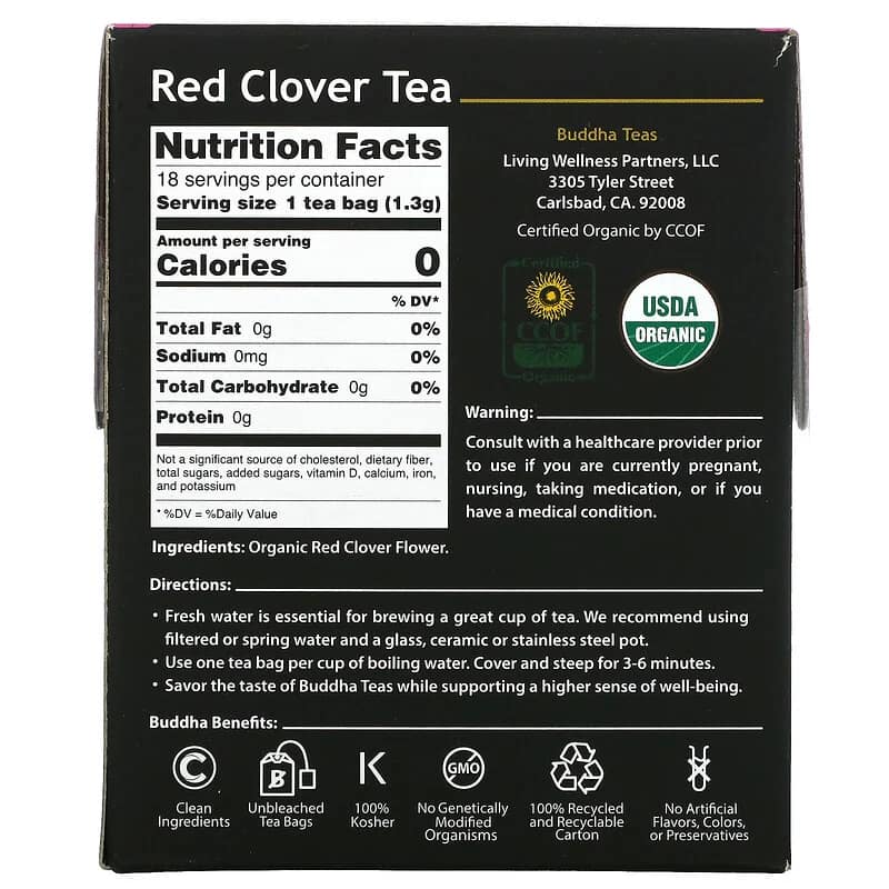 Buddha Teas Organic Herbal Tea Red Clover 18 Tea Bags 0.83 oz
