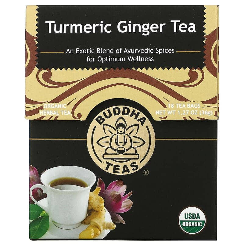 Buddha Teas Organic Herbal Tea Tumeric Ginger 18 Tea Bags 1.27 oz