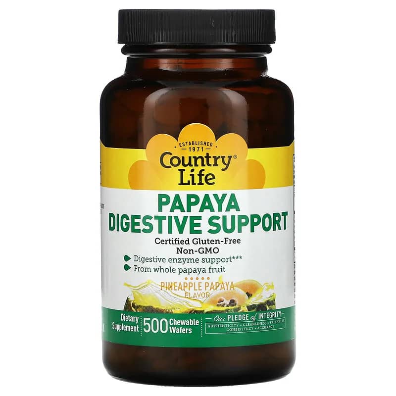 Country Life Papaya Digestive Support Pineapple Papaya 500 Chewable Wafers