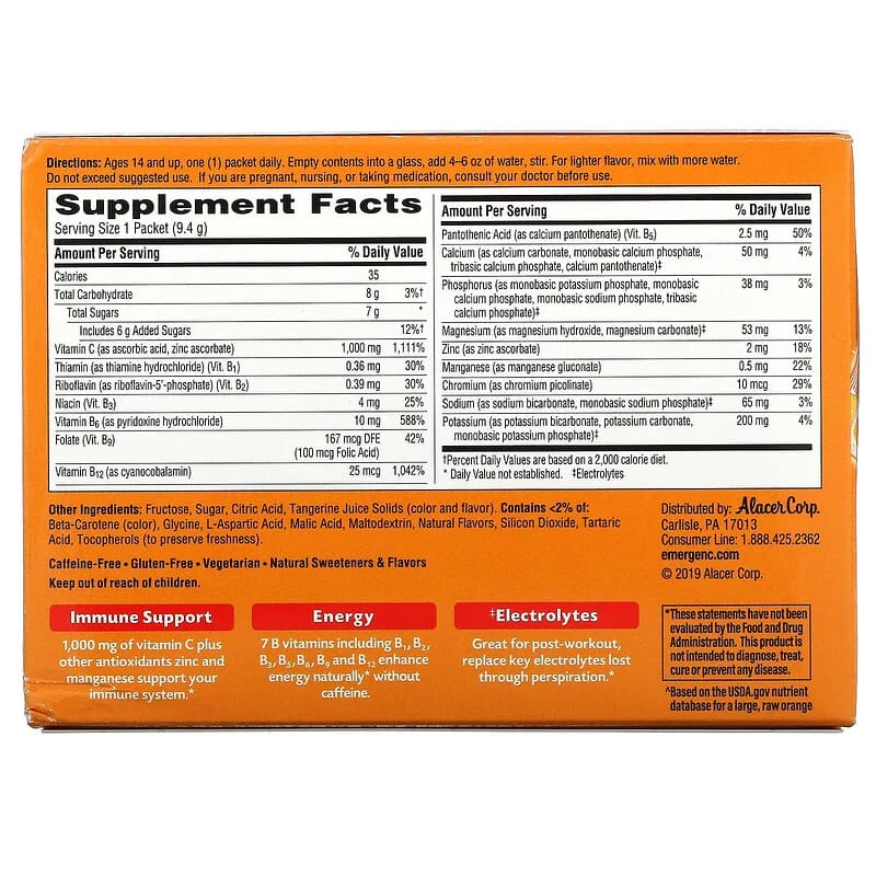 Emergen-C Vitamin C Flavored Fizzy Drink Mix Tangerine 1000 mg 30 Packets 0.33 oz