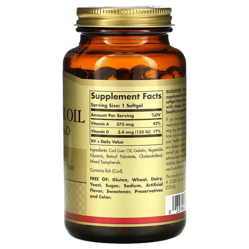 Solgar Cod Liver Oil Vitamins A & D 250 Softgels back