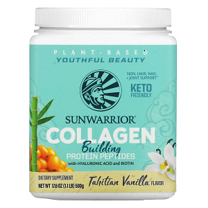 Sunwarrior Collagen Building Protein Peptides with Hyaluronic Acid and Biotin Tahitian Vanilla 17.6 oz