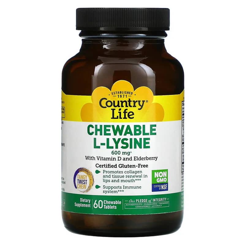 Country Life Chewable L-Lysine with Vitamin D and Elderberry 300 mg 60 Chewable Tablets back