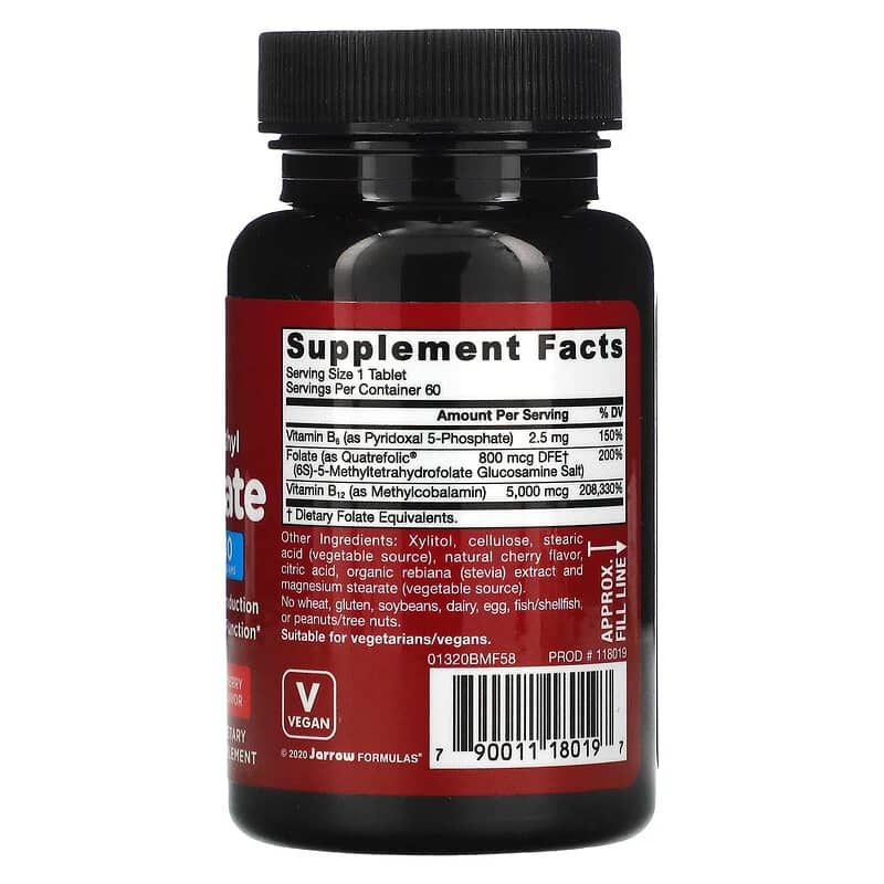 Jarrow Formulas Methyl B-12 & Methyl Folate Cherry Flavor 5000 mcg / 800 mcg 60 Chewable Tablets
