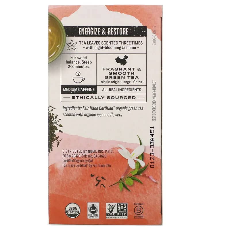 Numi Tea Organic Green Tea Jasmine Green 18 Tea Bags 1.27 oz