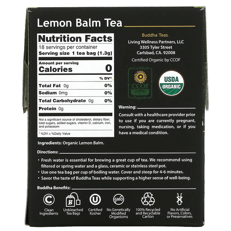 Buddha Teas Organic Herbal Tea Lemon Balm 18 Tea Bags 0.83 oz