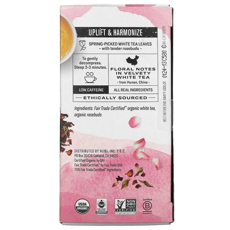 Numi Tea Organic White Tea White Rose 16 Non-GMO Tea Bags 1.13 oz