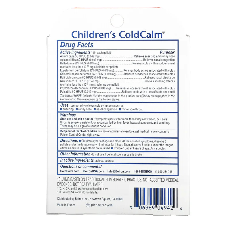 Boiron Coldcalm Childrens Cold Relief 3+ and Older 2 Tubes Approx. 80 Quick Dissolving Pellets Each